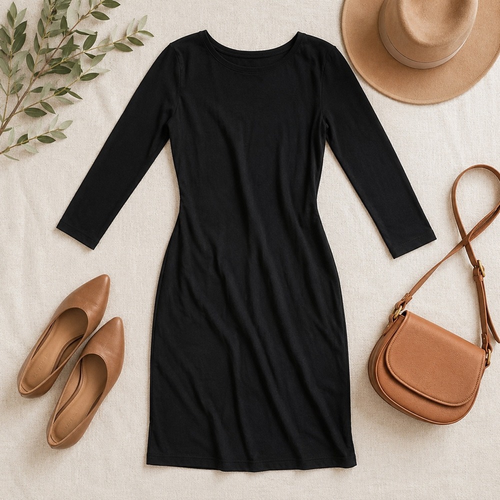 ST Studio Drapey Back Dress Women Size S Black 3/4 Sleeve Mesh Detail Midi Chic